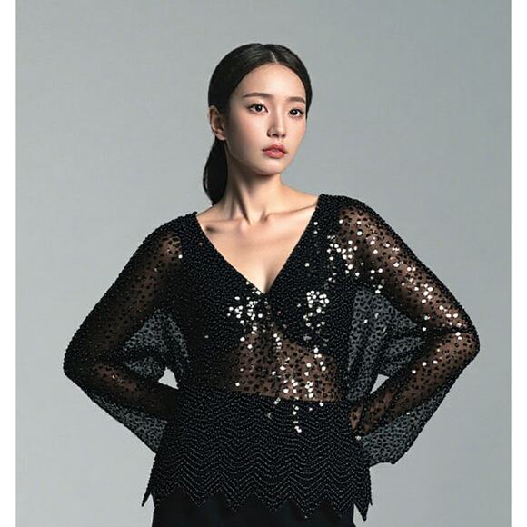 Iris Black Sequin top,  Y2K NY Eve Party Mother of the Bride Black Tie Vintage - Picture 1 of 7